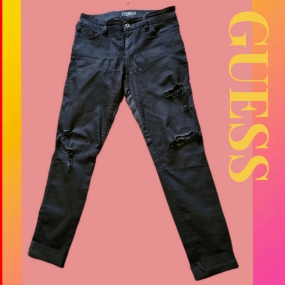 GUESS LOS ANGELES Denim - GUES LOS ANGELES BRITTNEY-SKINNY DISTRESSED BOY BLACK JEANS SIZE US 27 X REG